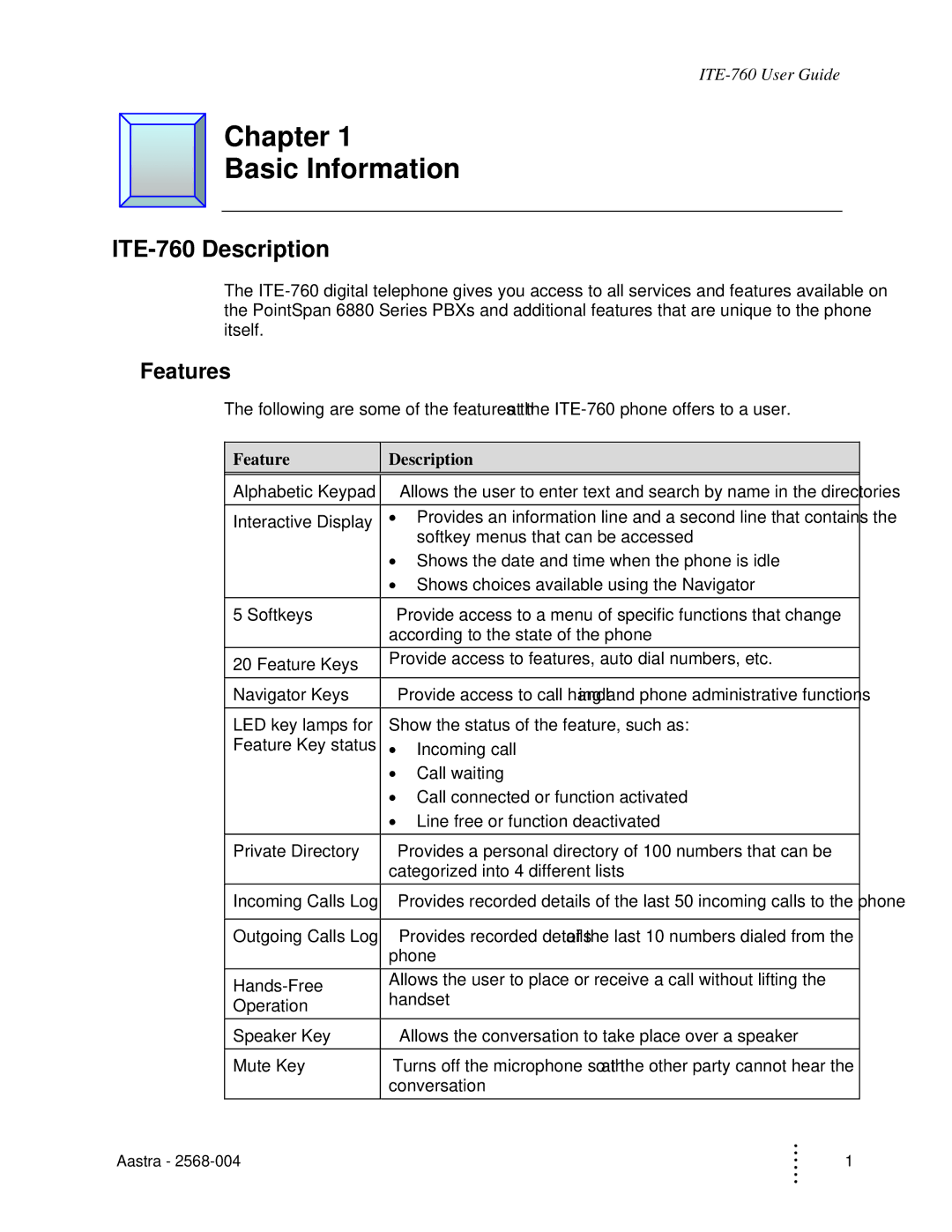 Aastra Telecom manual Chapter Basic Information, ITE-760 Description, Features, Feature Description 