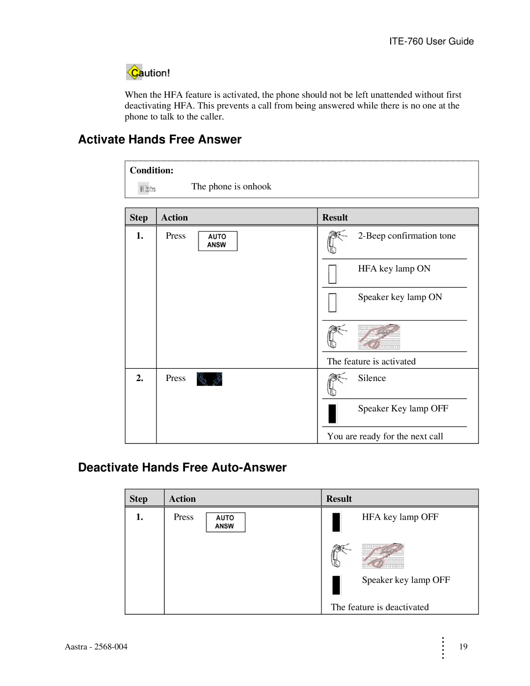 Aastra Telecom ITE-760 manual Activate Hands Free Answer, Deactivate Hands Free Auto-Answer, HFA key lamp OFF 