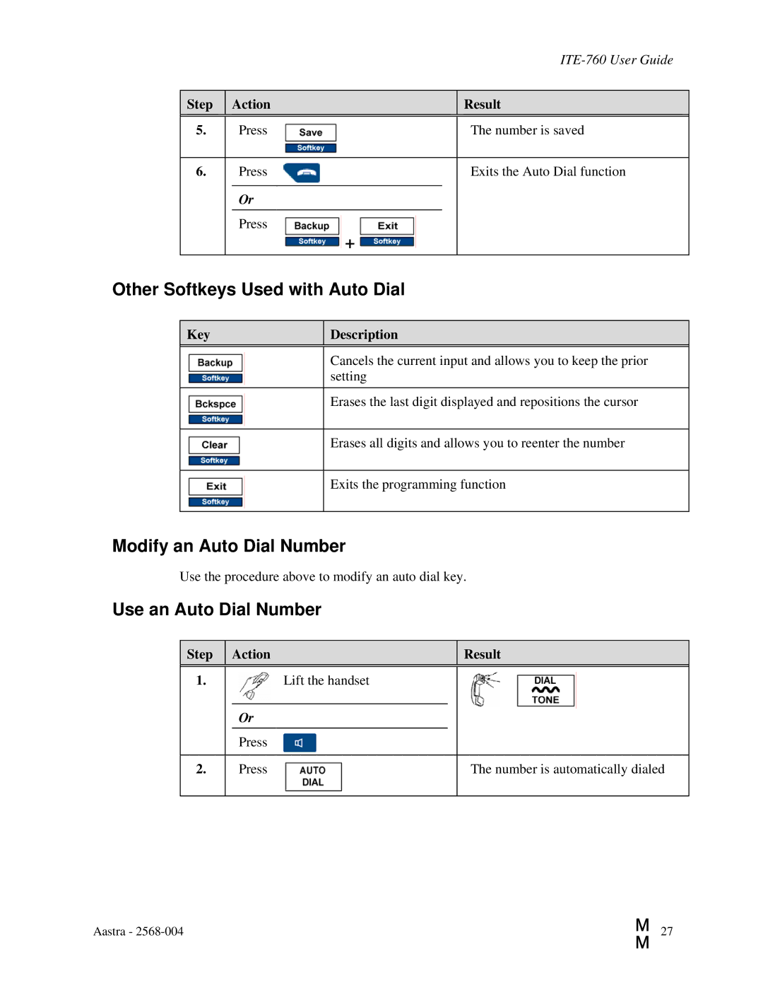 Aastra Telecom ITE-760 manual Other Softkeys Used with Auto Dial, Modify an Auto Dial Number, Use an Auto Dial Number 