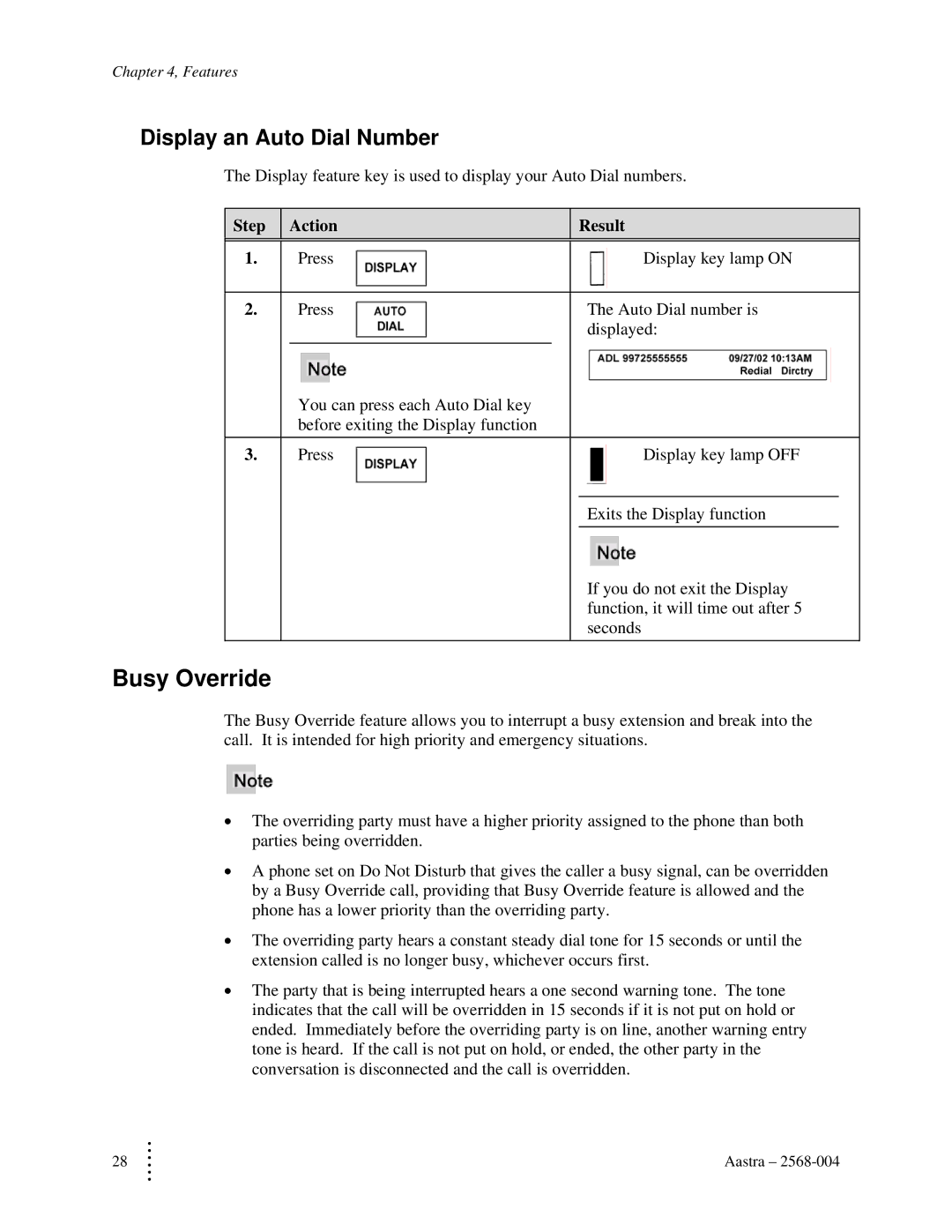Aastra Telecom ITE-760 manual Busy Override, Display an Auto Dial Number 
