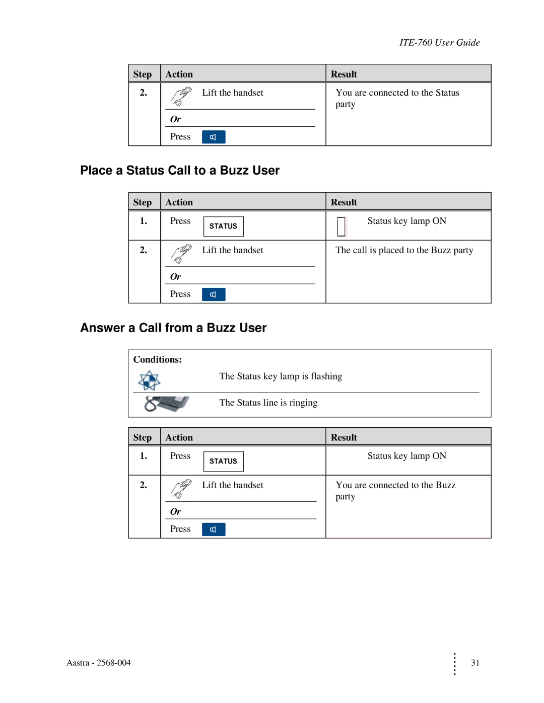 Aastra Telecom ITE-760 manual Place a Status Call to a Buzz User, Answer a Call from a Buzz User 