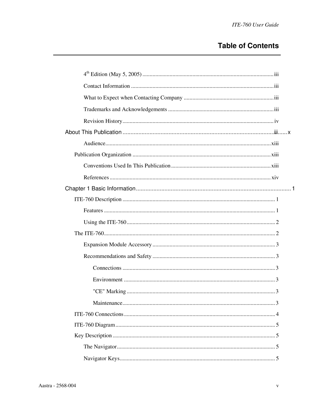 Aastra Telecom ITE-760 manual Table of Contents 