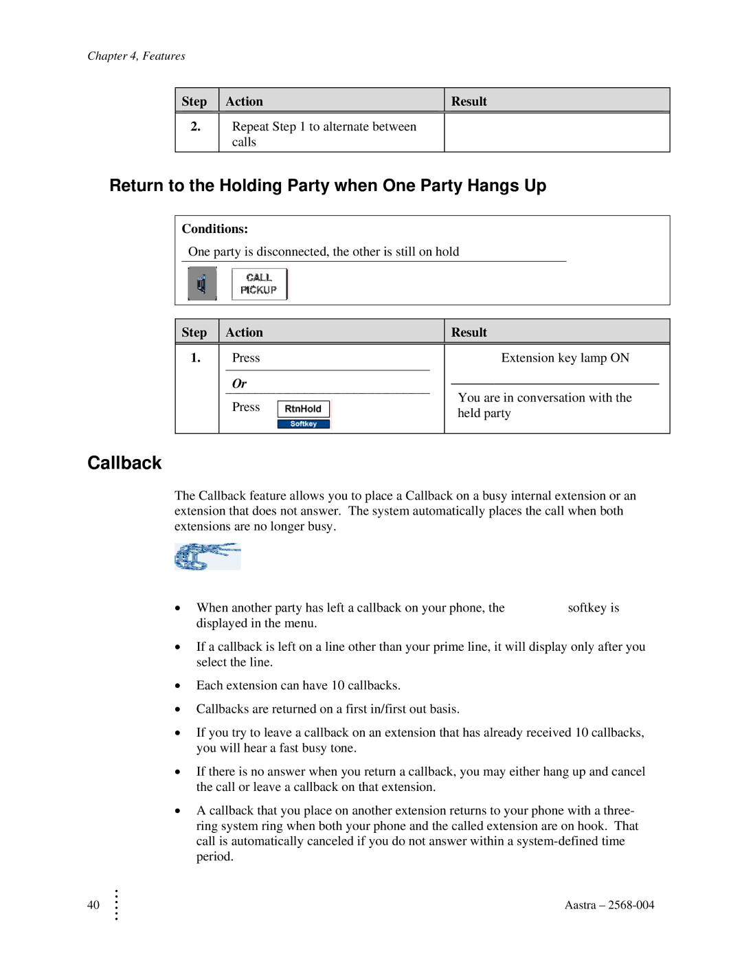 Aastra Telecom ITE-760 manual Callback, Return to the Holding Party when One Party Hangs Up 