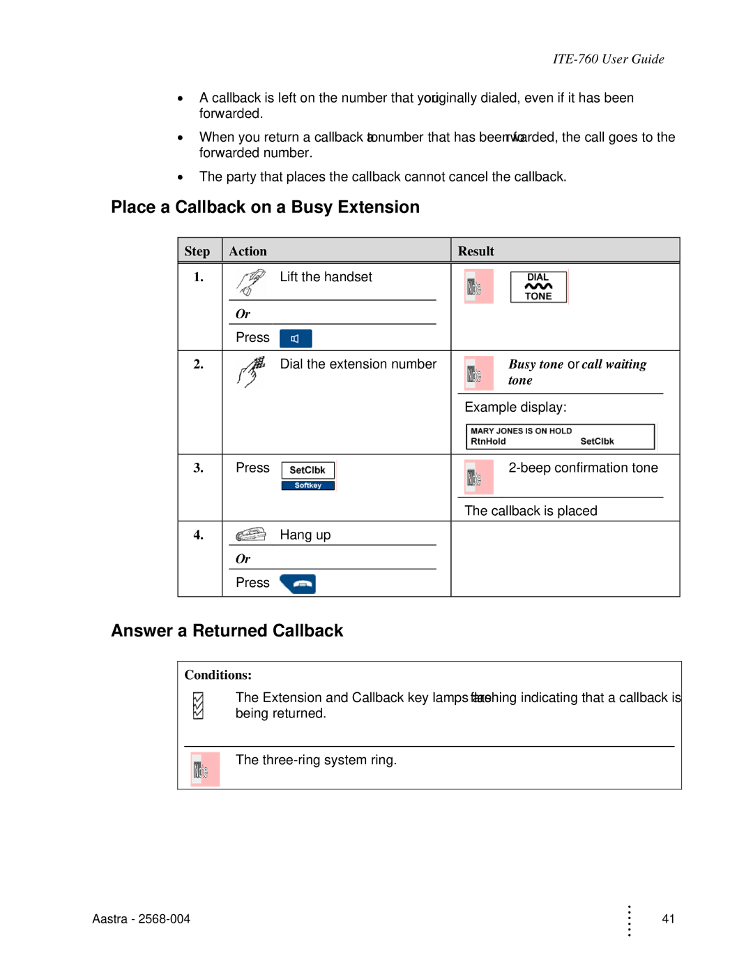 Aastra Telecom ITE-760 manual Place a Callback on a Busy Extension, Answer a Returned Callback 