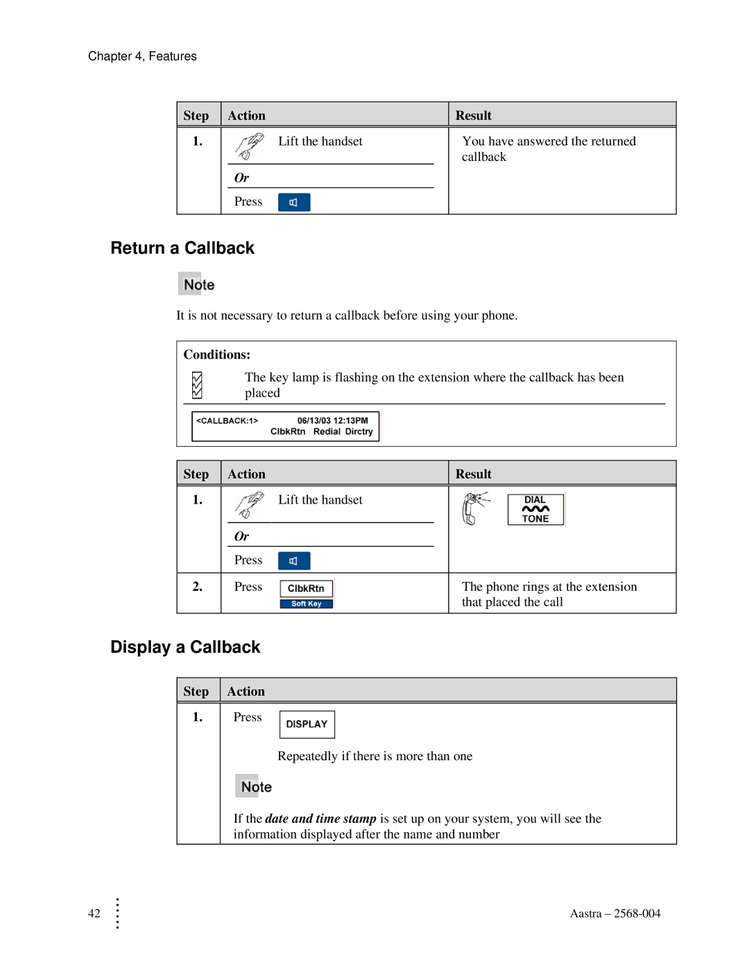 Aastra Telecom ITE-760 manual Return a Callback, Display a Callback 