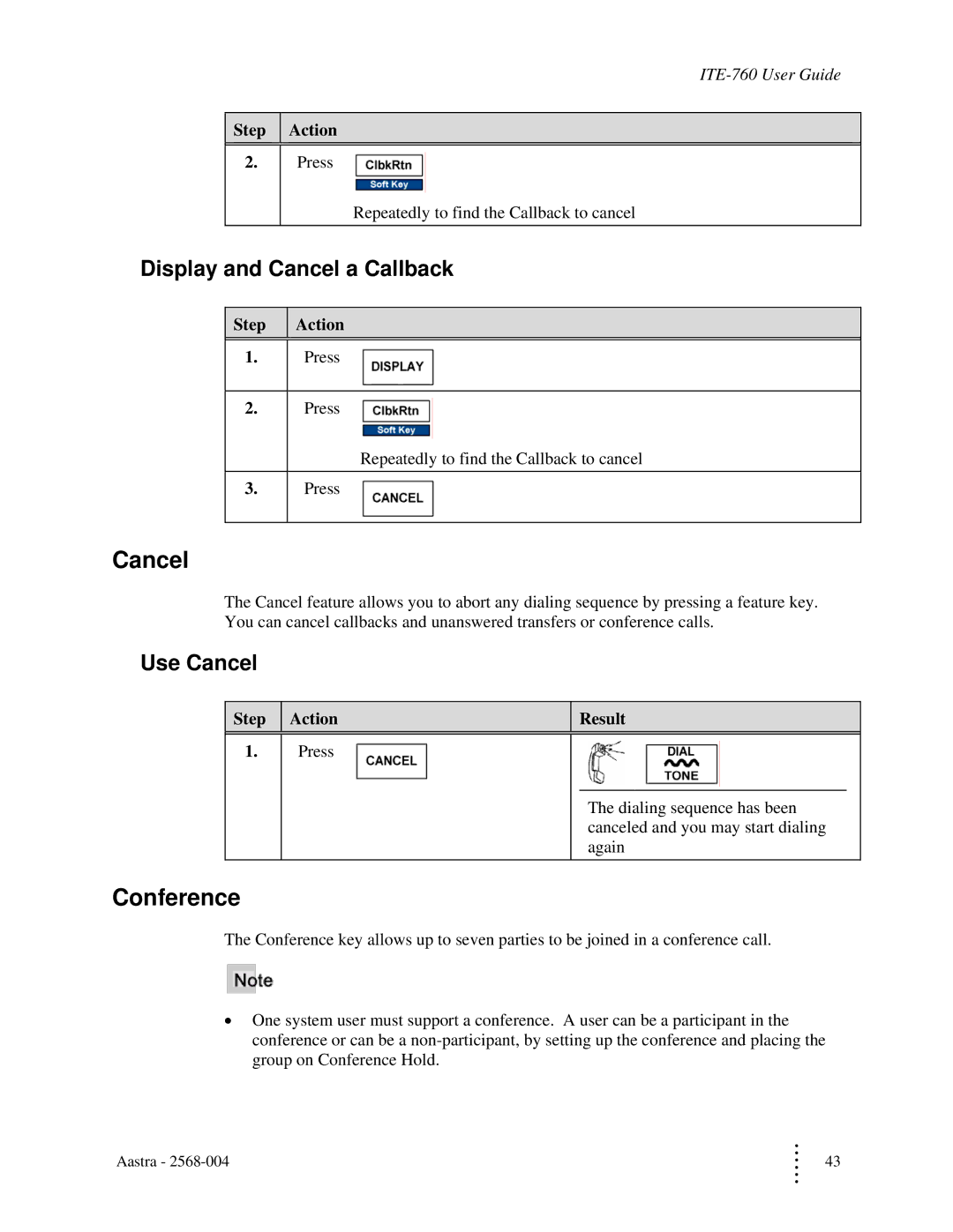 Aastra Telecom ITE-760 manual Conference, Display and Cancel a Callback, Use Cancel 