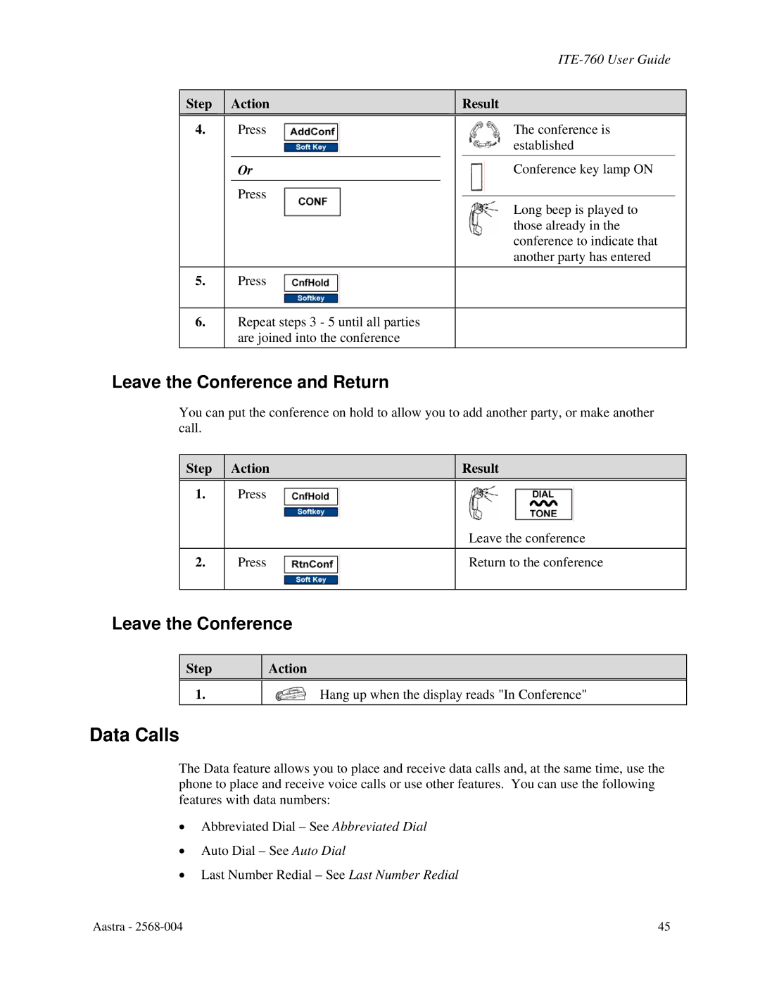 Aastra Telecom ITE-760 manual Data Calls, Leave the Conference and Return 