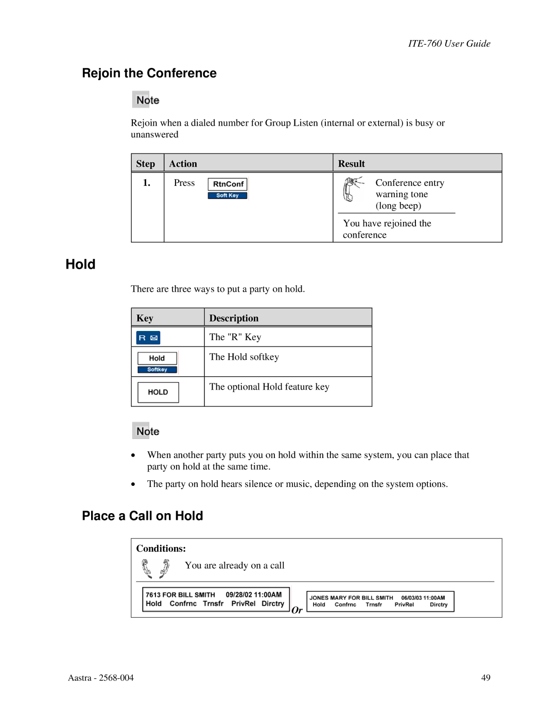 Aastra Telecom ITE-760 manual Rejoin the Conference, Place a Call on Hold 