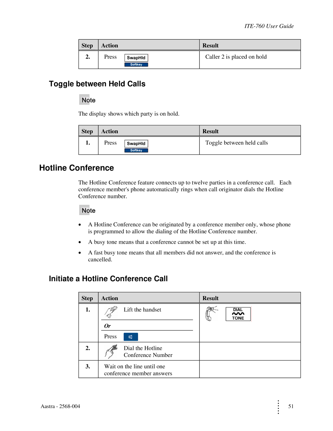 Aastra Telecom ITE-760 manual Toggle between Held Calls, Initiate a Hotline Conference Call 