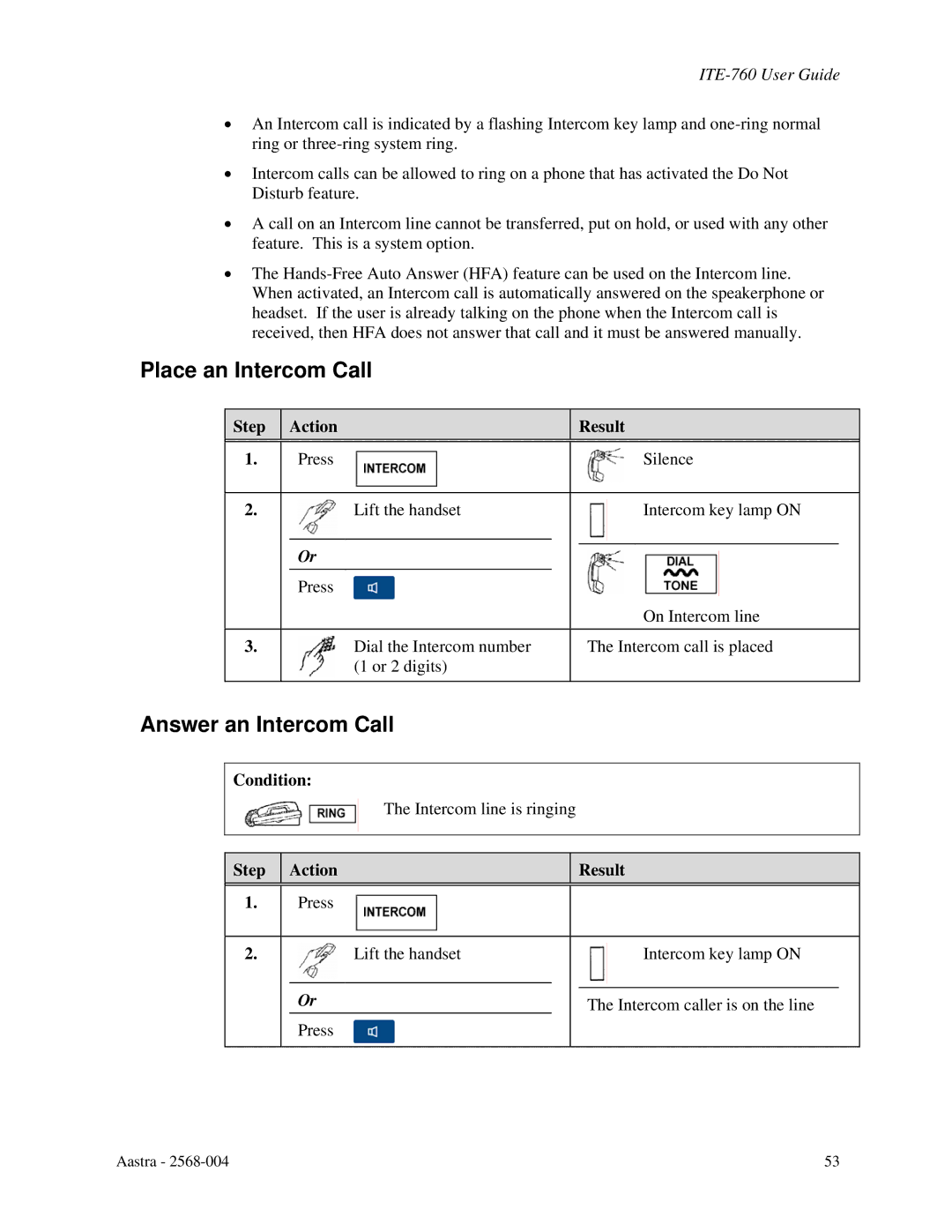 Aastra Telecom ITE-760 manual Place an Intercom Call, Answer an Intercom Call 