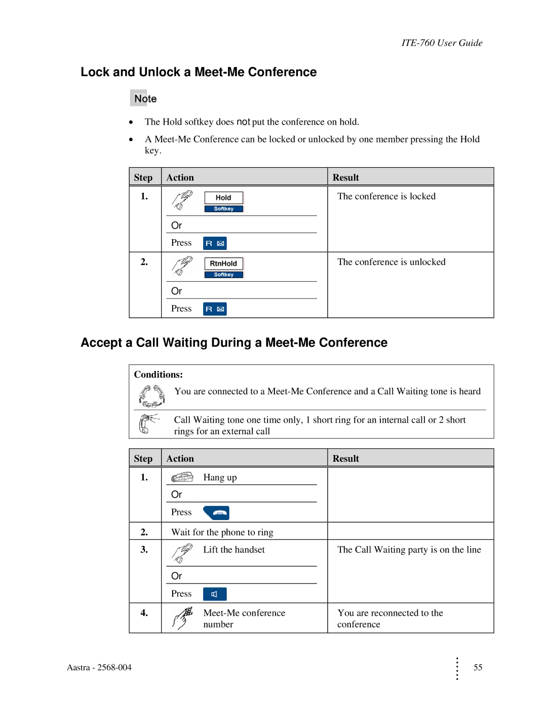 Aastra Telecom ITE-760 manual Lock and Unlock a Meet-Me Conference, Accept a Call Waiting During a Meet-Me Conference 