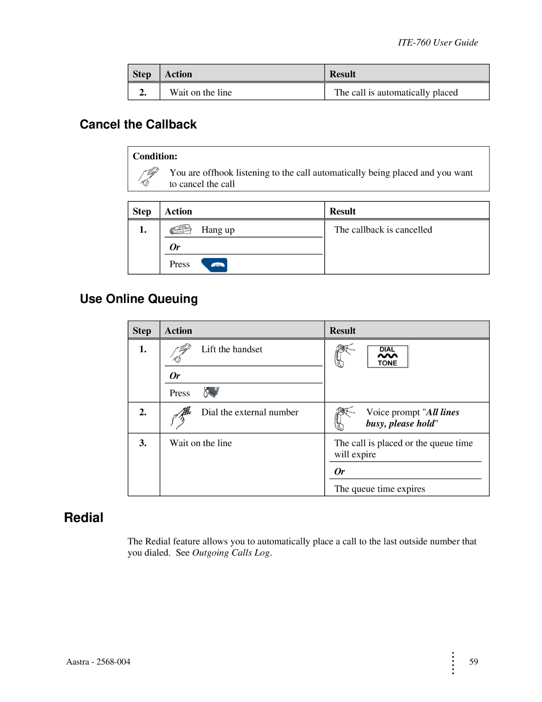 Aastra Telecom ITE-760 Redial, Cancel the Callback, Use Online Queuing, Step Action Result Hang up Callback is cancelled 