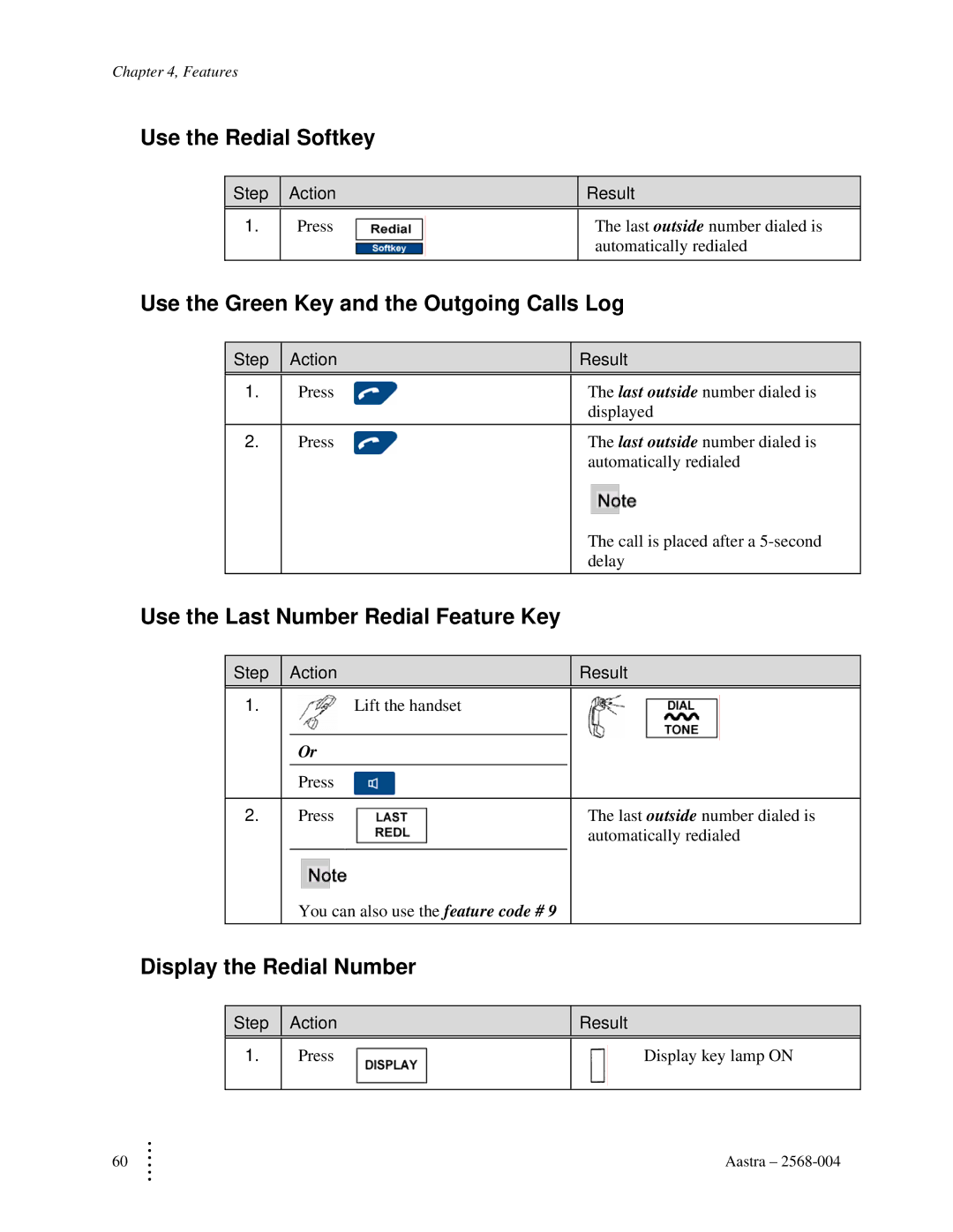 Aastra Telecom ITE-760 Use the Redial Softkey, Use the Green Key and the Outgoing Calls Log, Display the Redial Number 