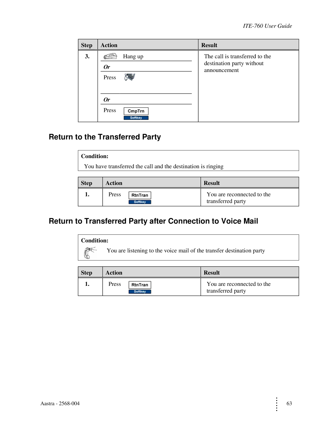 Aastra Telecom ITE-760 manual Return to the Transferred Party, Return to Transferred Party after Connection to Voice Mail 