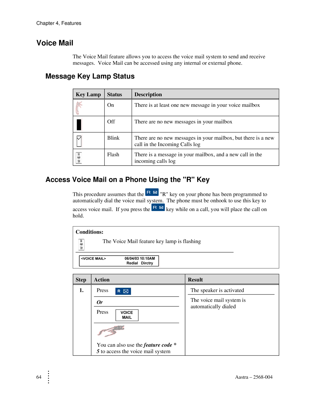 Aastra Telecom ITE-760 manual Message Key Lamp Status, Access Voice Mail on a Phone Using the R Key 