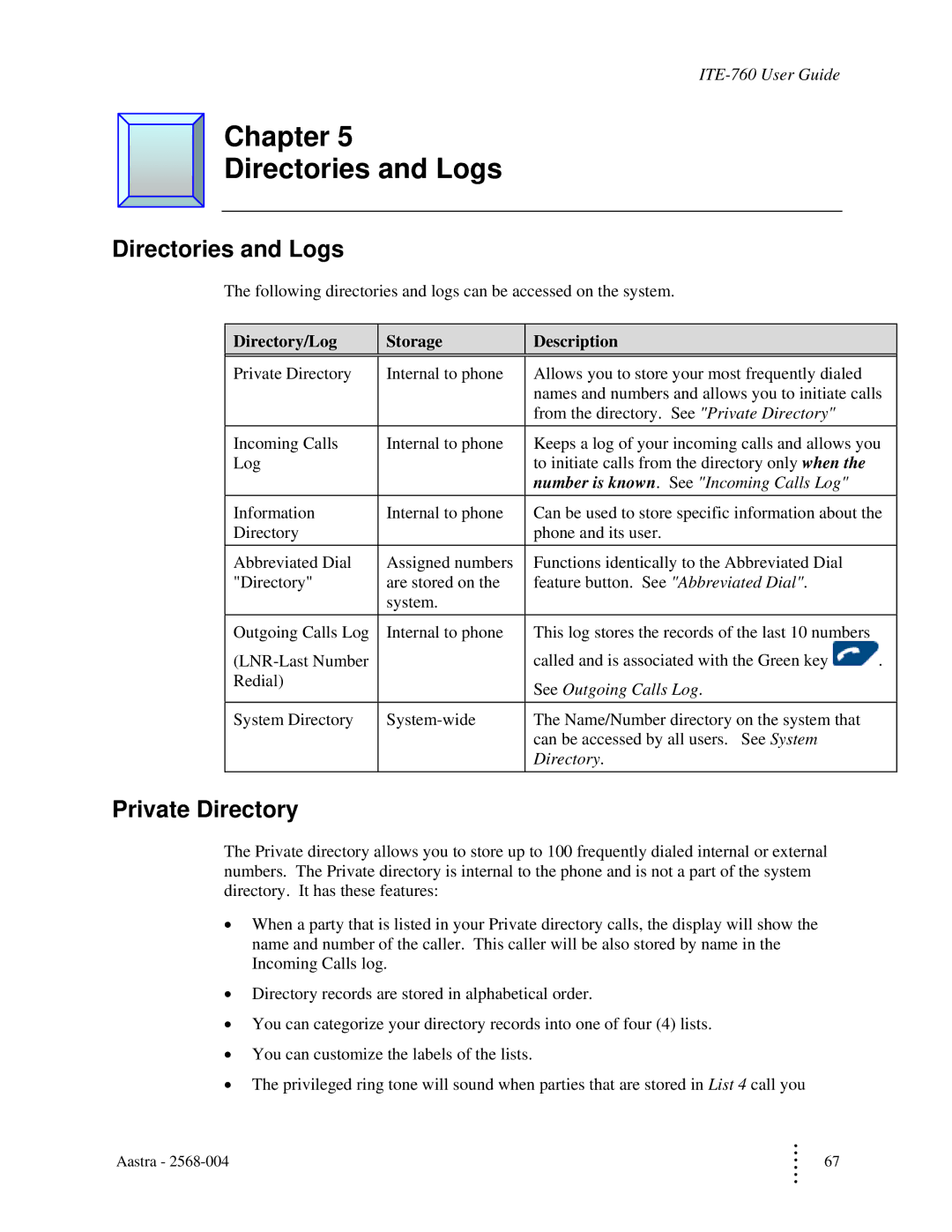 Aastra Telecom ITE-760 manual Chapter Directories and Logs, Private Directory, Directory/Log Storage 