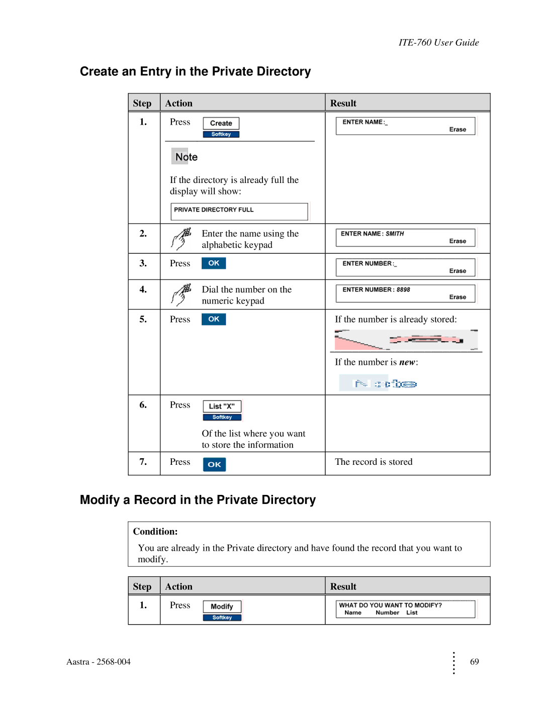 Aastra Telecom ITE-760 manual Create an Entry in the Private Directory, Modify a Record in the Private Directory 