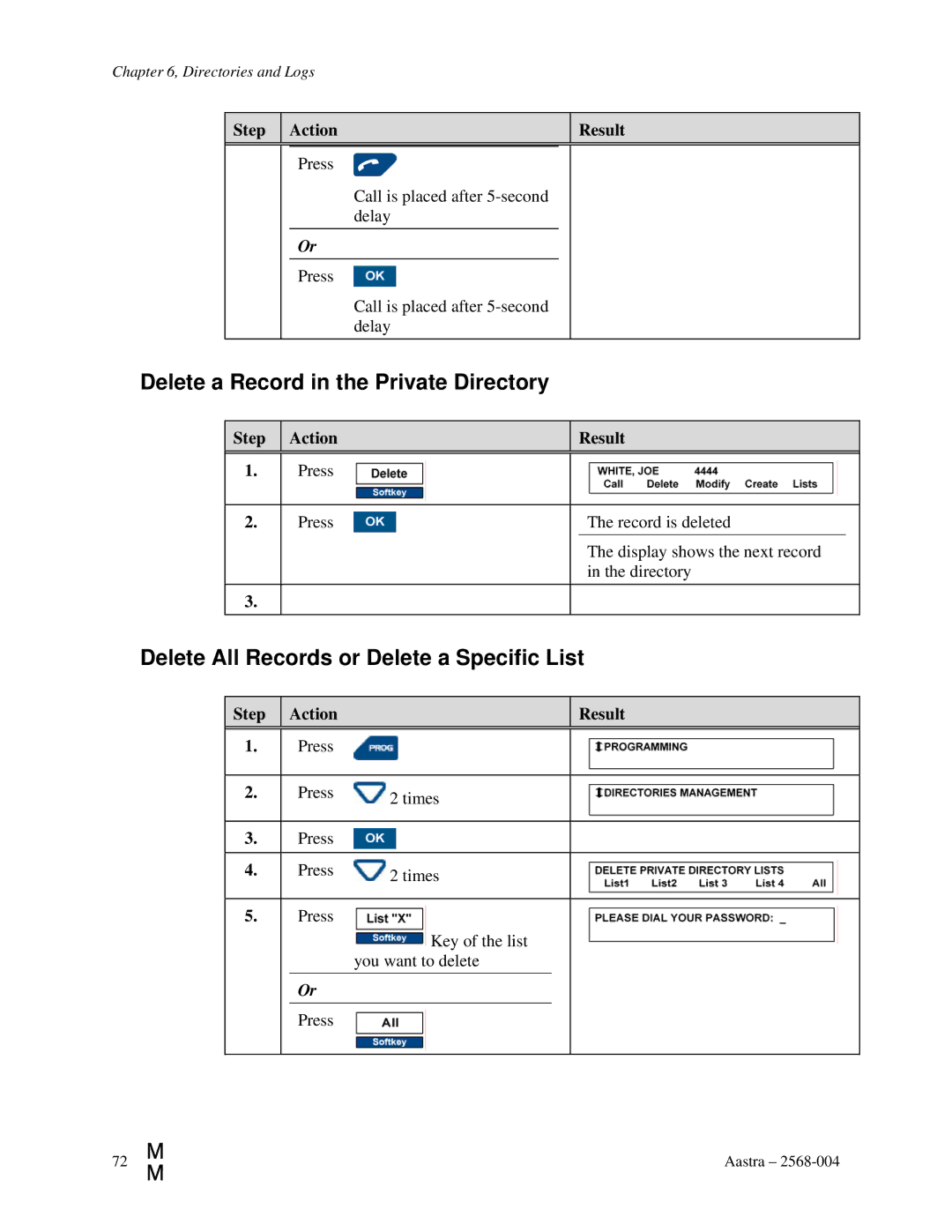 Aastra Telecom ITE-760 manual Delete a Record in the Private Directory, Delete All Records or Delete a Specific List 