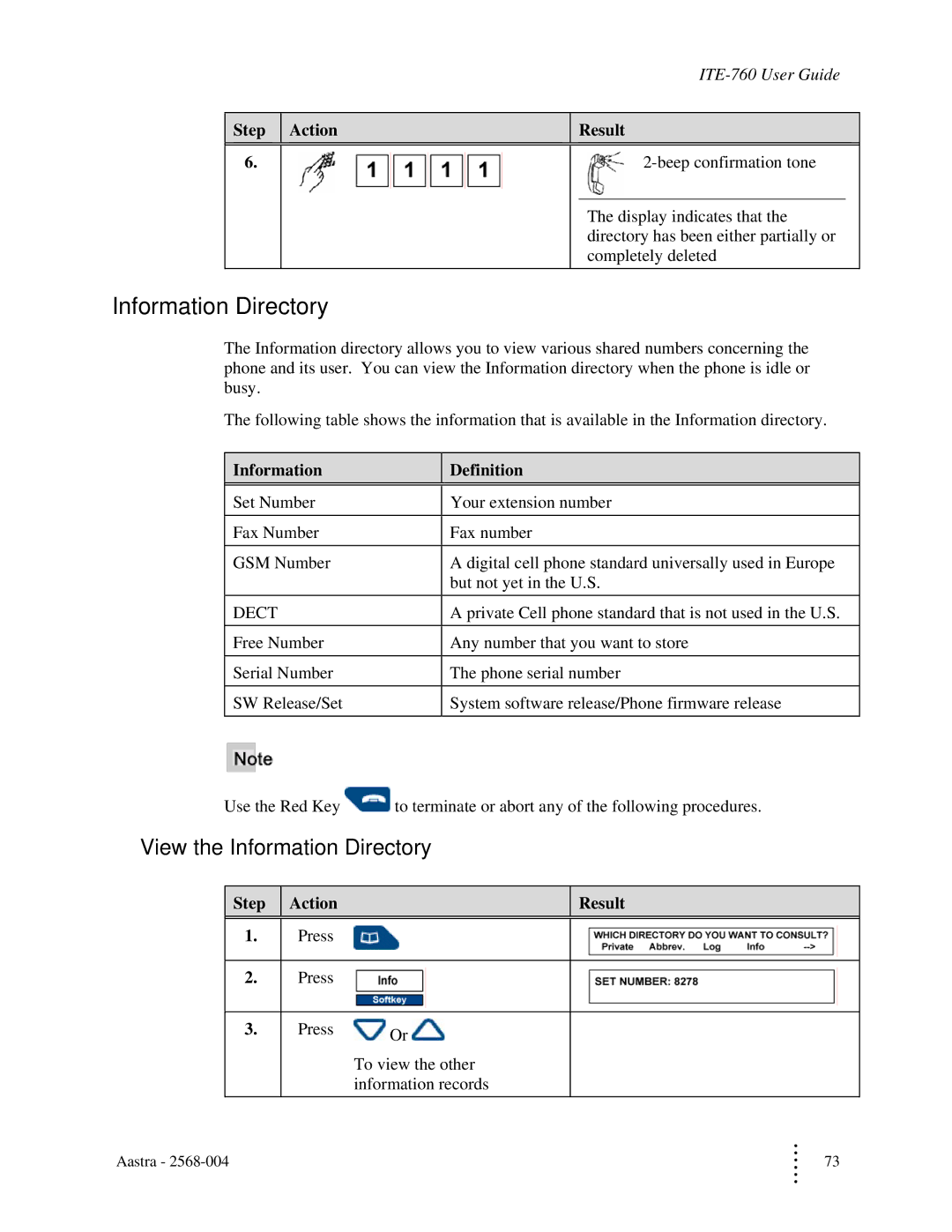 Aastra Telecom ITE-760 manual View the Information Directory, Information Definition 