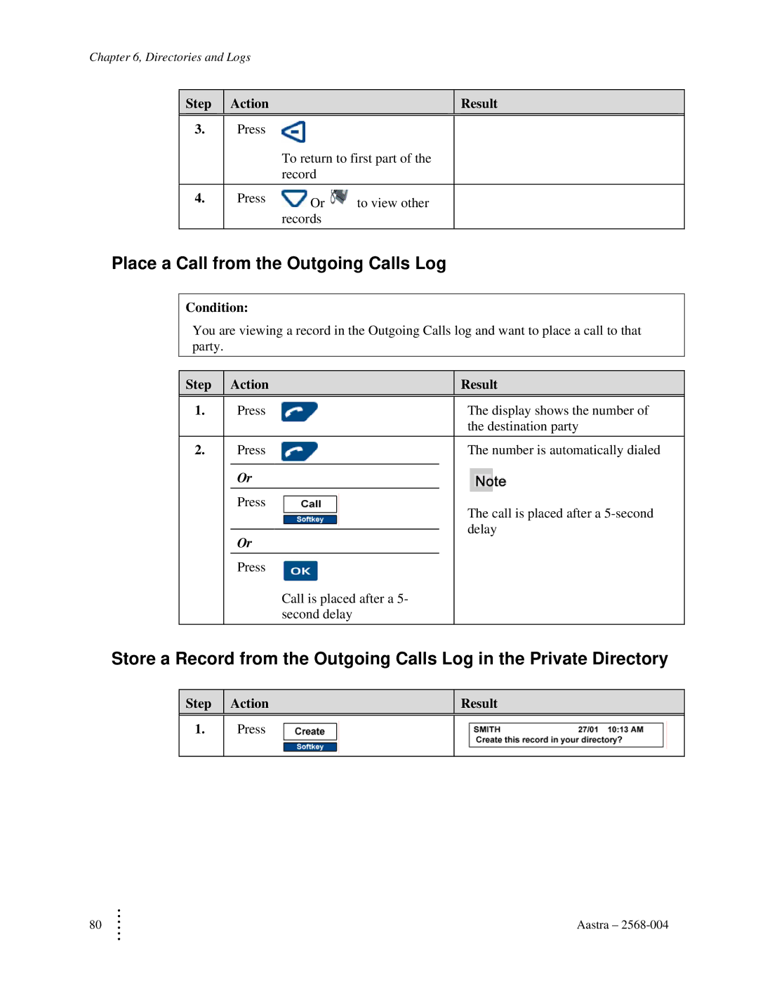 Aastra Telecom ITE-760 manual Place a Call from the Outgoing Calls Log, Condition 