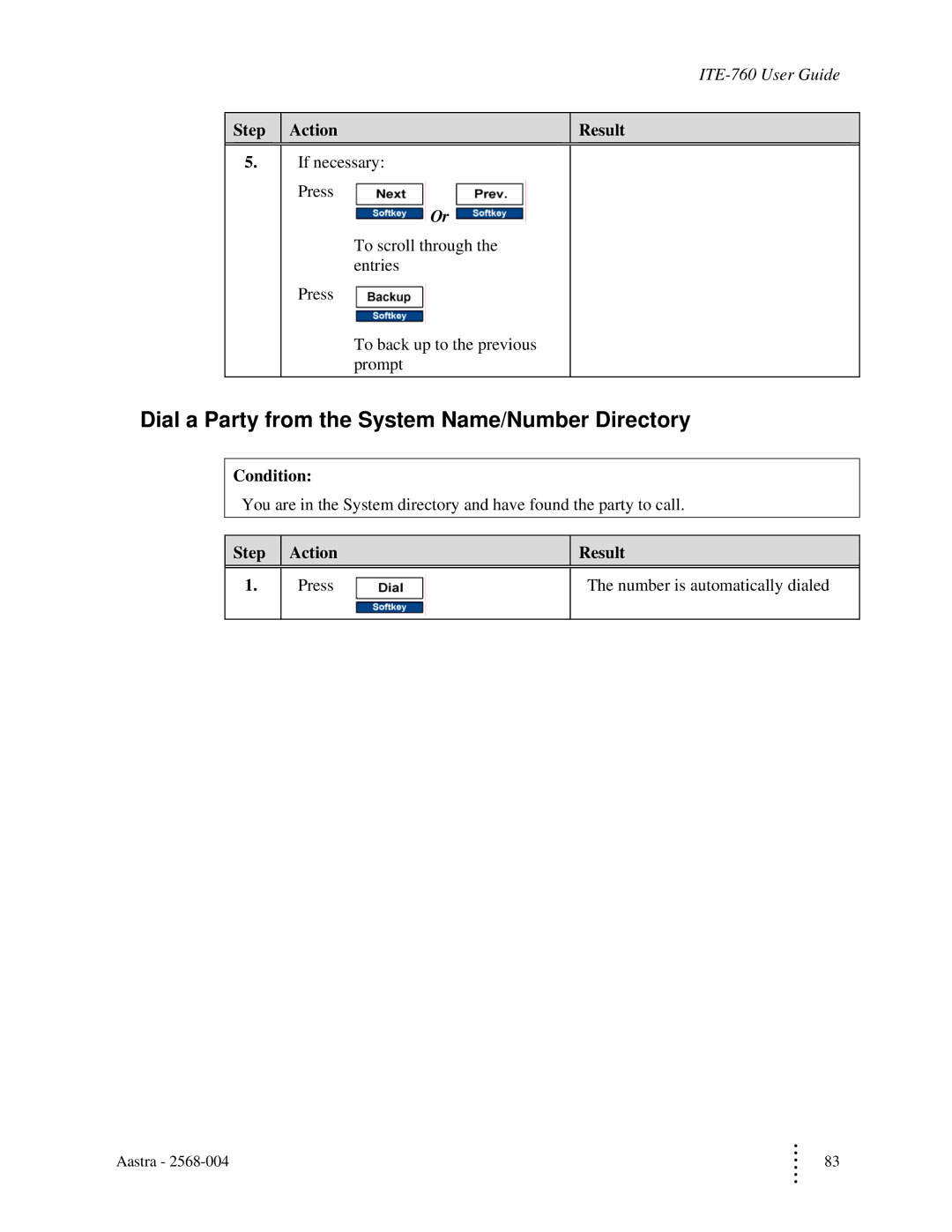 Aastra Telecom ITE-760 manual Dial a Party from the System Name/Number Directory, Condition 
