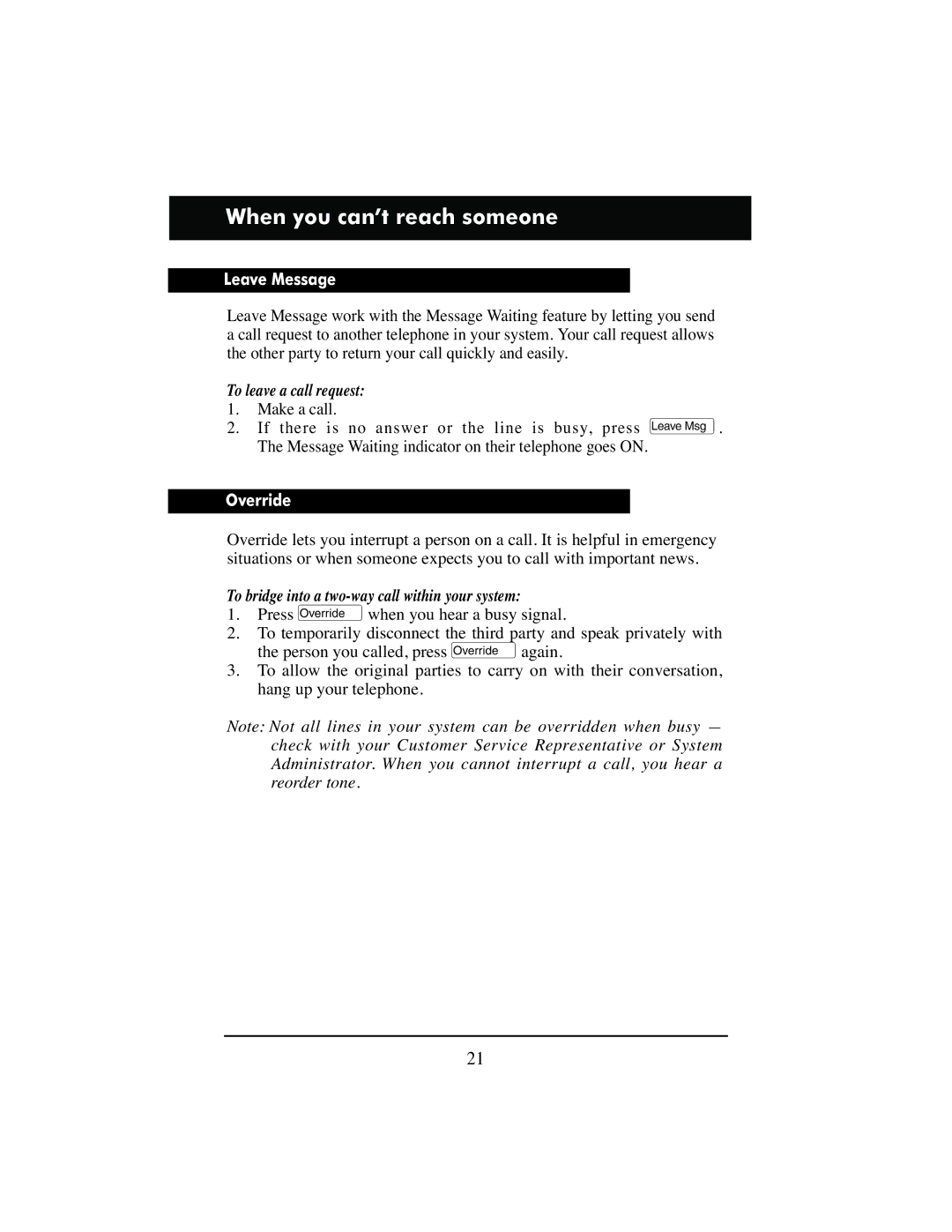 Aastra Telecom M6310 manual When you can’t reach someone, Leave Message, To leave a call request, Override 