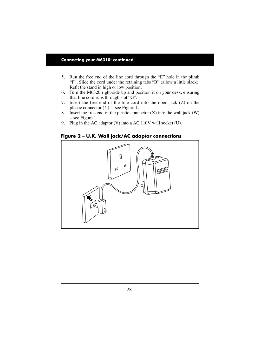 Aastra Telecom M6310 manual K. Wall jack/AC adaptor connections 