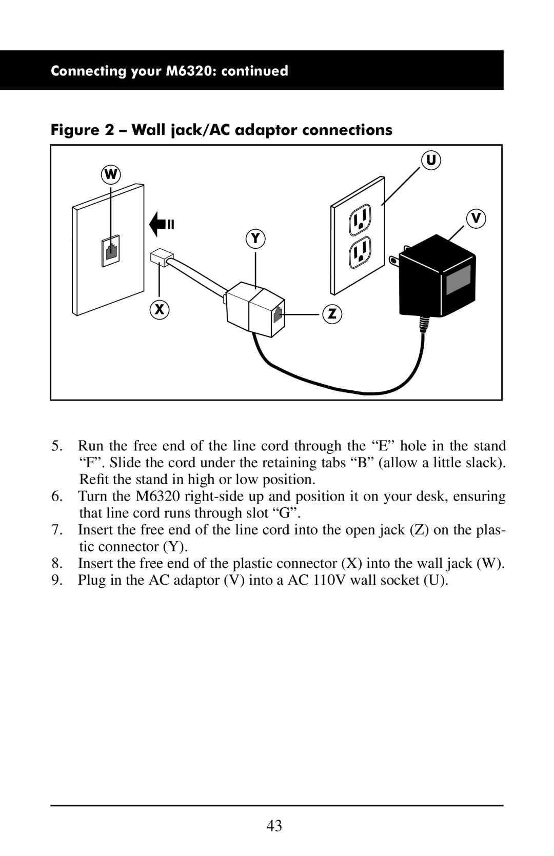 Aastra Telecom M6320 manual Wall jack/AC adaptor connections 