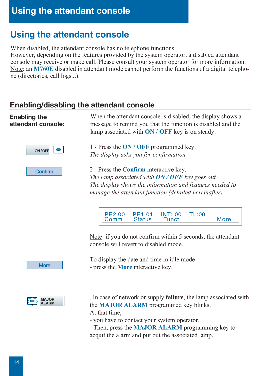 Aastra Telecom M760E Using the attendant console, Enabling/disabling the attendant console, Enabling the attendant console 