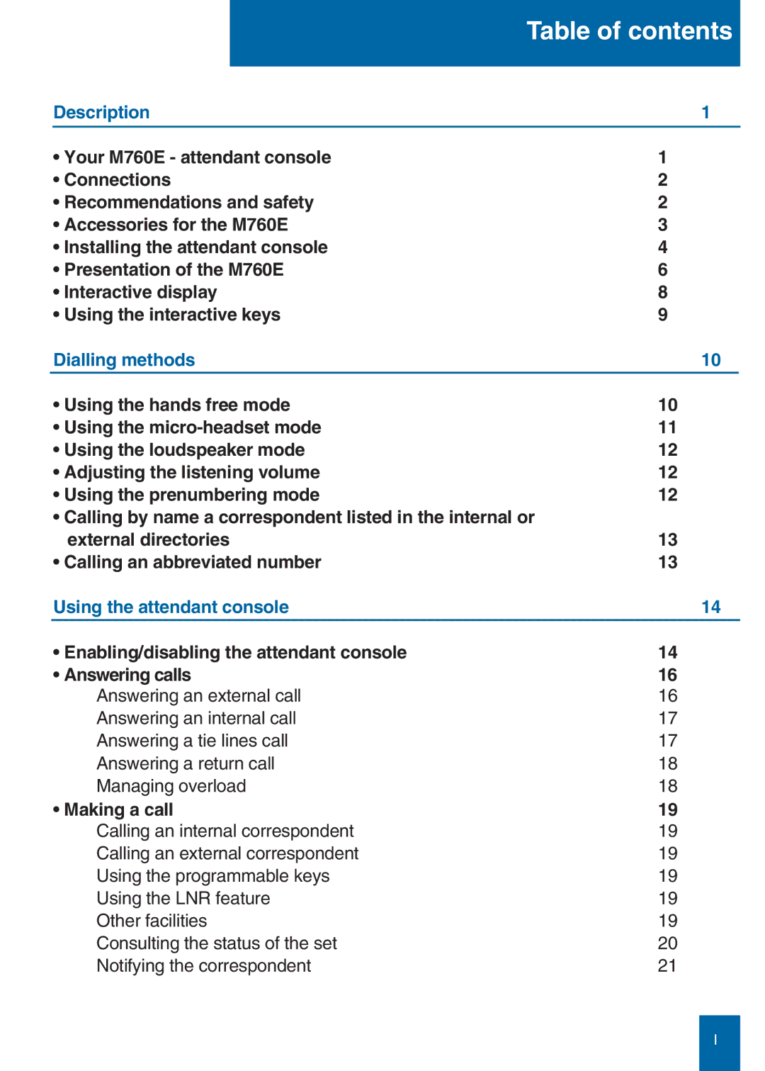 Aastra Telecom M760E manual Table of contents 