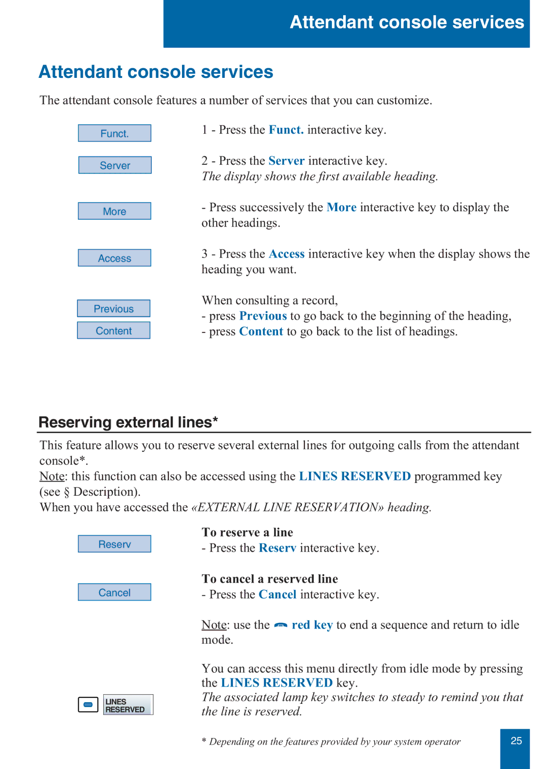 Aastra Telecom M760E Attendant console services, Reserving external lines, To reserve a line, To cancel a reserved line 