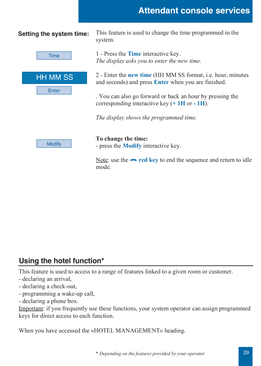 Aastra Telecom M760E manual Using the hotel function, Setting the system time, Display asks you to enter the new time 