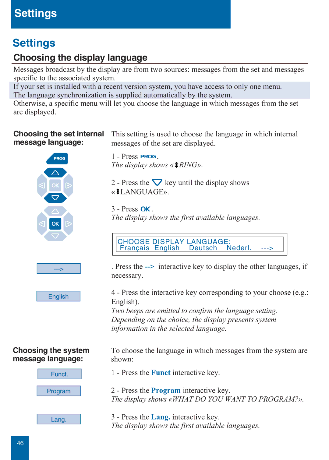 Aastra Telecom M760E manual Settings, Choosing the display language, Choosing the system message language 