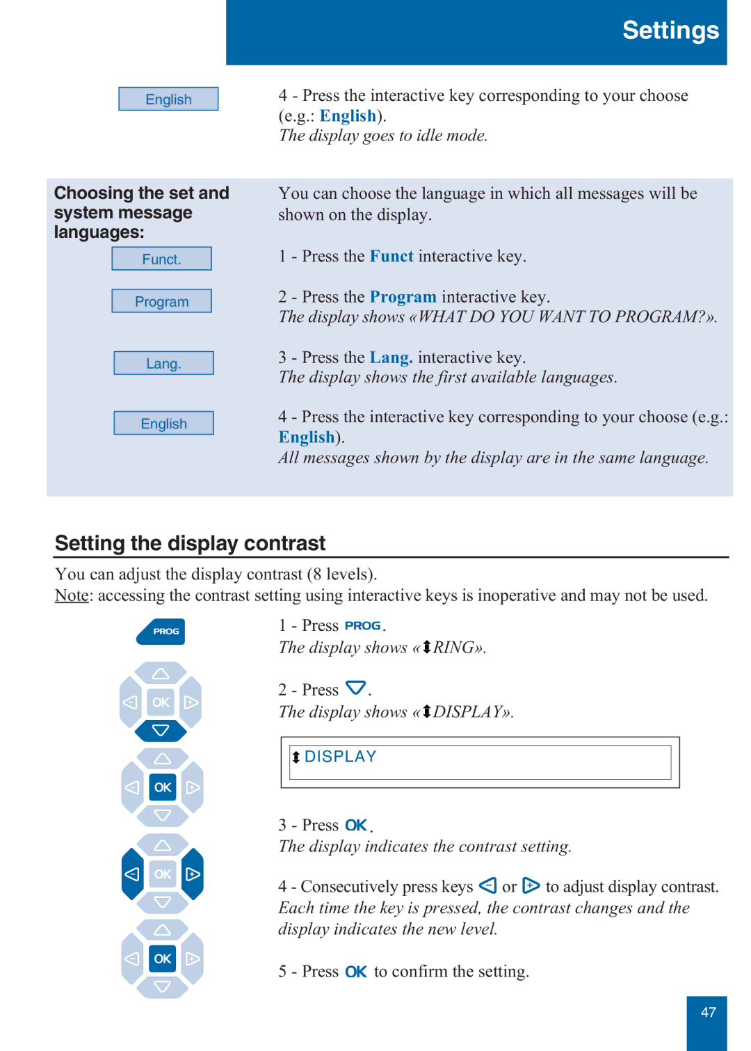 Aastra Telecom M760E manual Setting the display contrast, Choosing the set and system message languages 