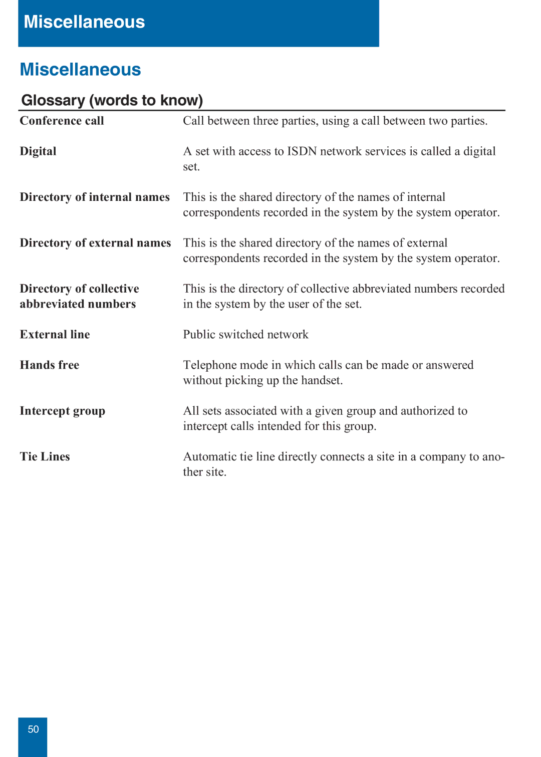 Aastra Telecom M760E manual Miscellaneous, Glossary words to know 