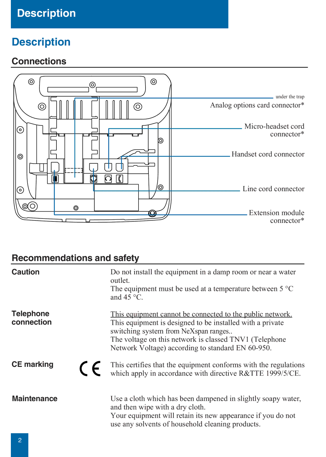 Aastra Telecom M760E Description, Connections, Recommendations and safety, Telephone connection CE marking Maintenance 