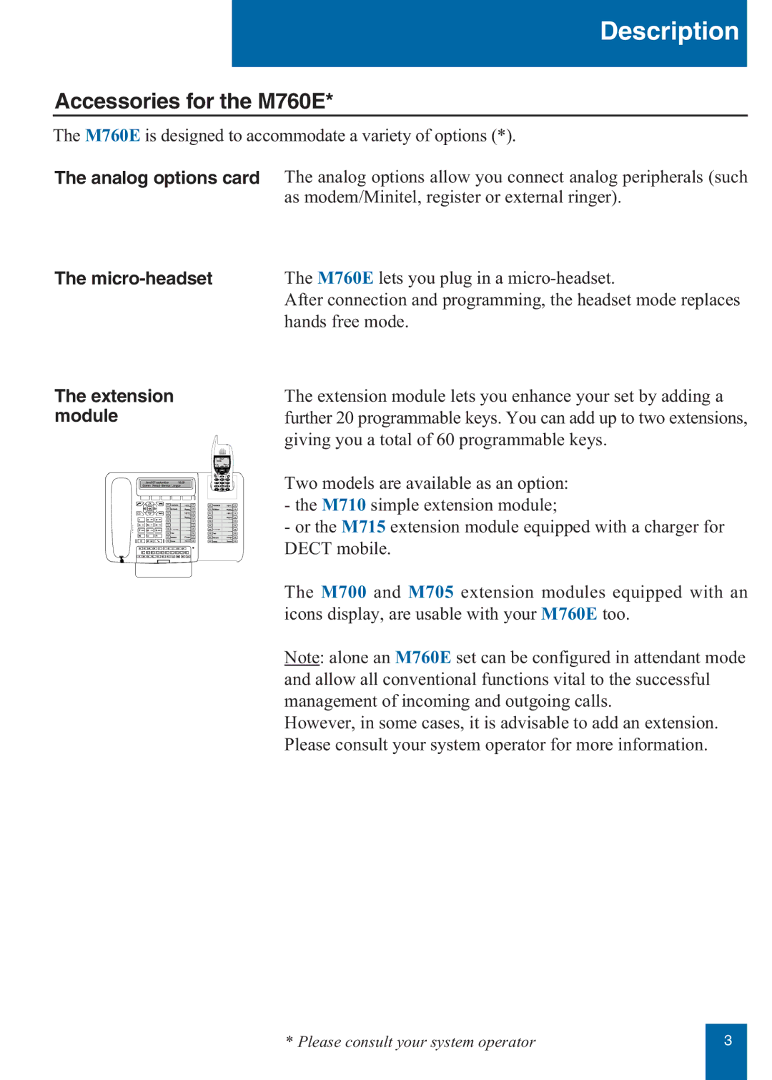 Aastra Telecom manual Accessories for the M760E, Micro-headset Extension module 