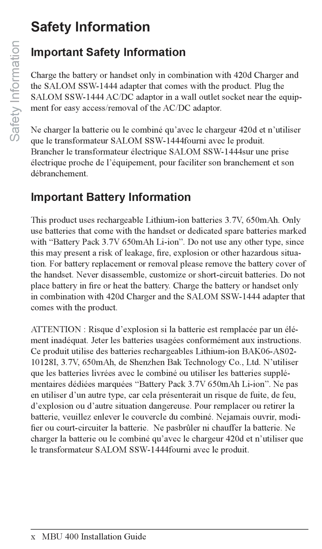 Aastra Telecom MBU 400TM manual Important Safety Information, Important Battery Information 