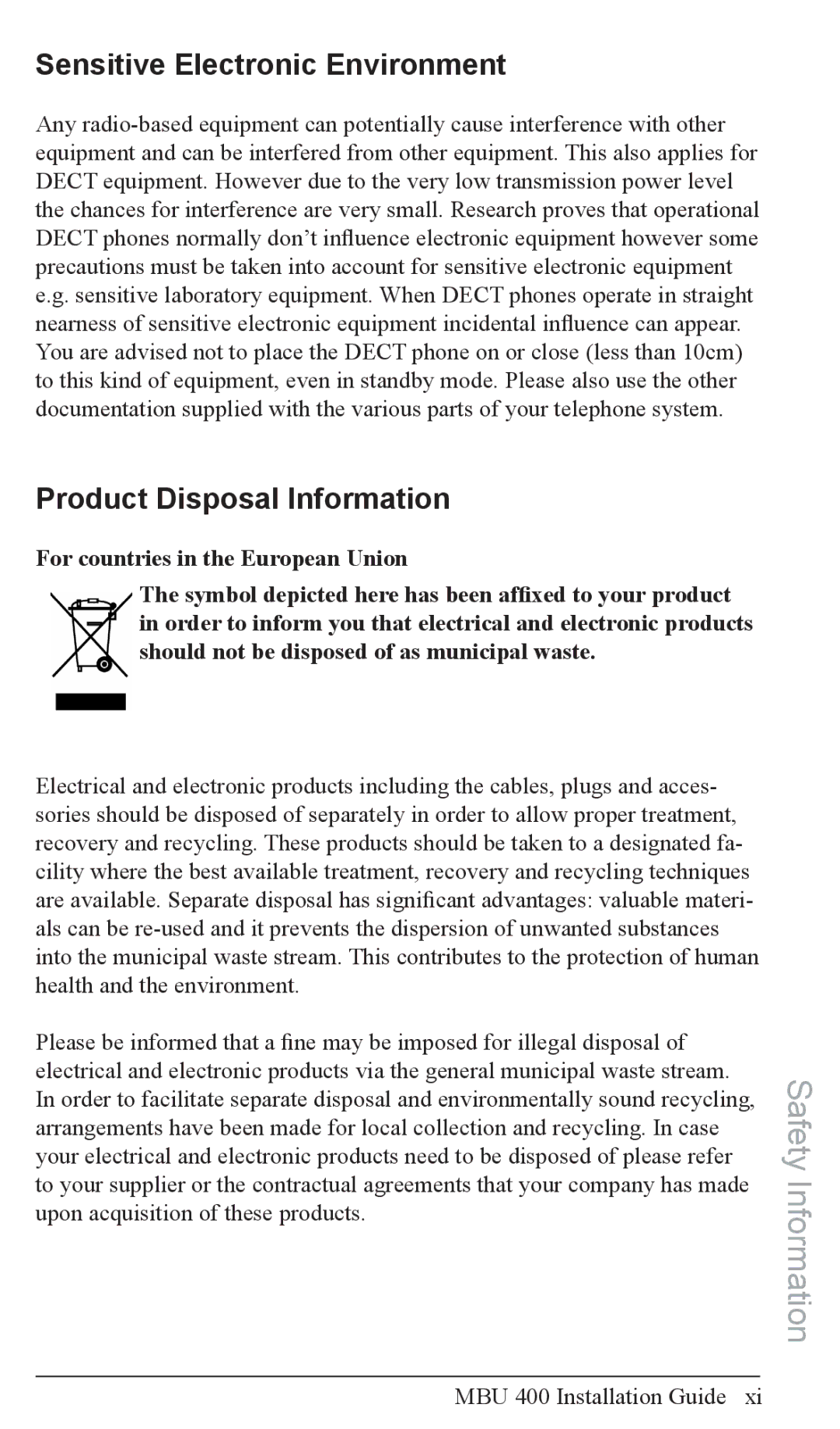 Aastra Telecom MBU 400TM manual Sensitive Electronic Environment, Product Disposal Information 