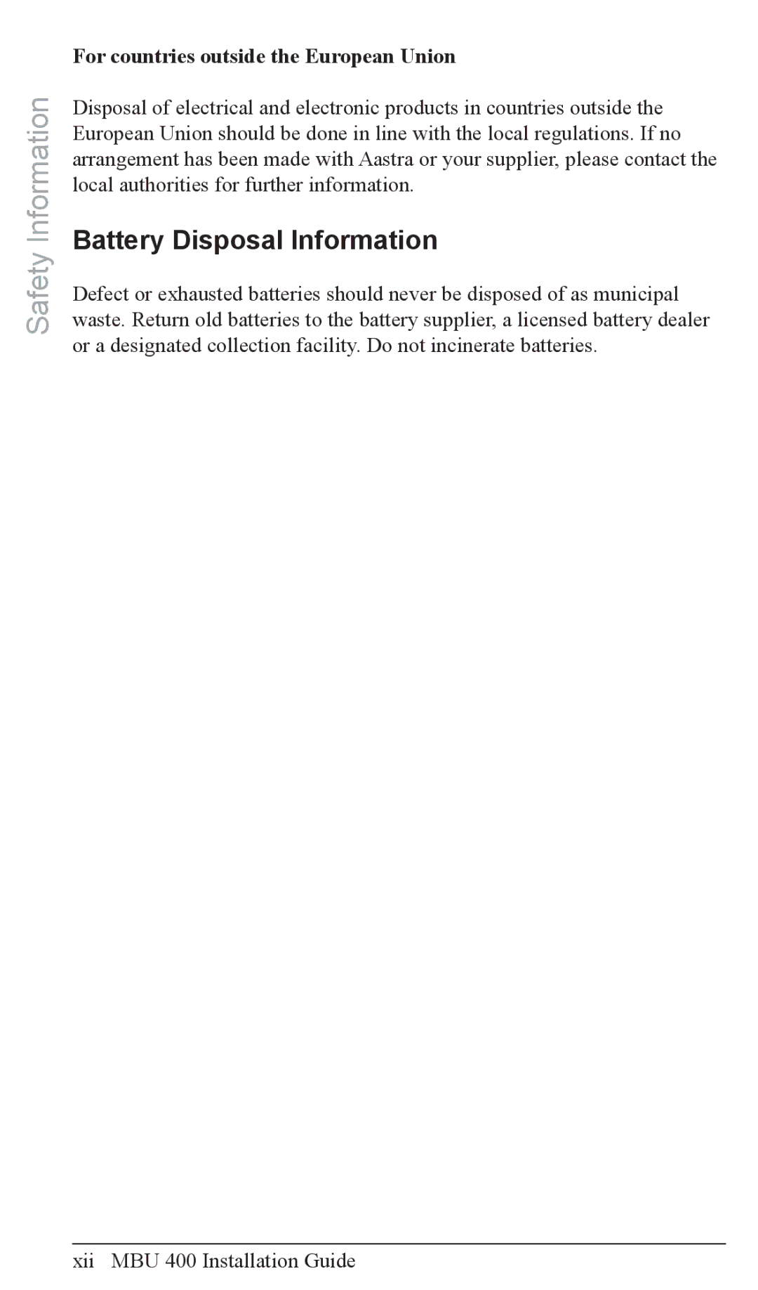 Aastra Telecom MBU 400TM manual Battery Disposal Information, For countries outside the European Union 