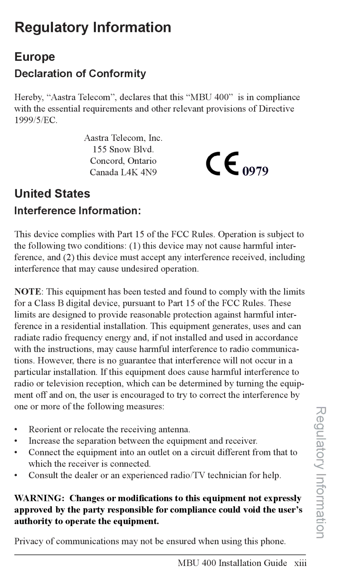 Aastra Telecom MBU 400TM manual Regulatory Information, Europe, United States 