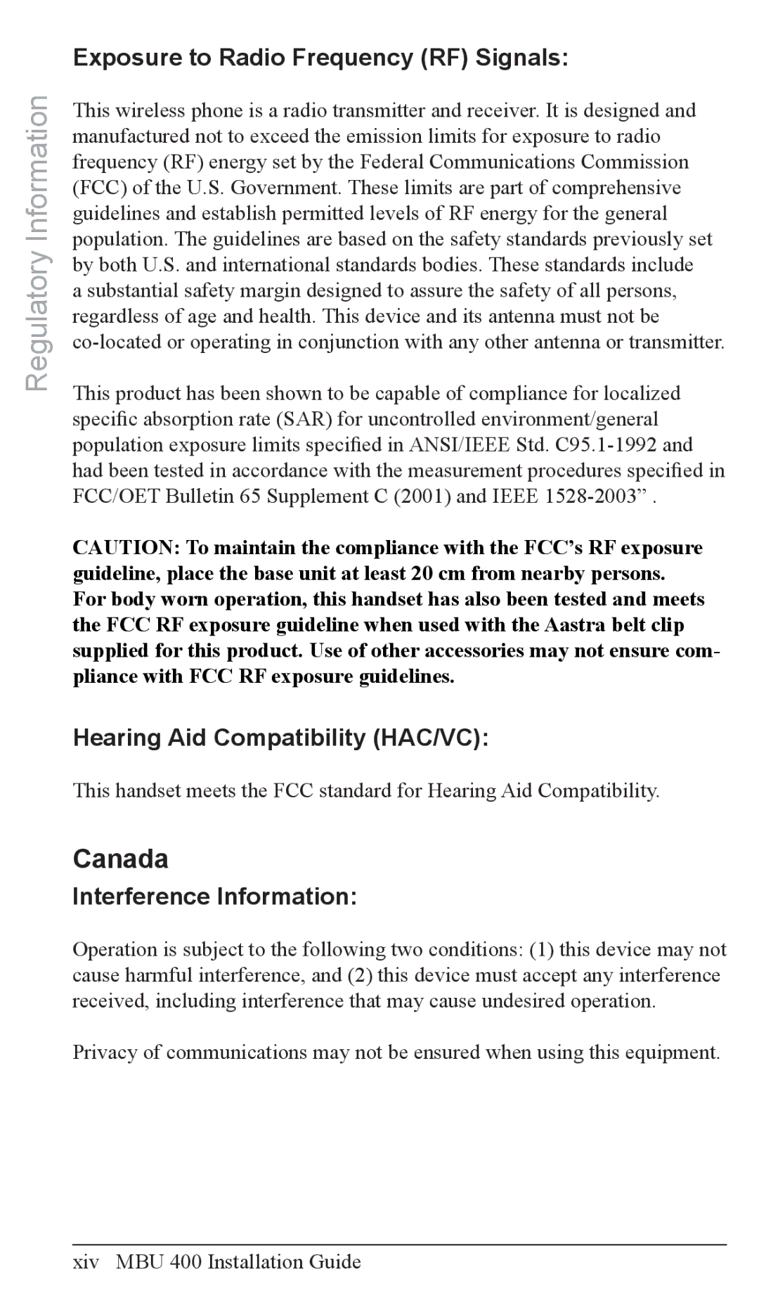 Aastra Telecom MBU 400TM manual Canada, Xiv MBU 400 Installation Guide 