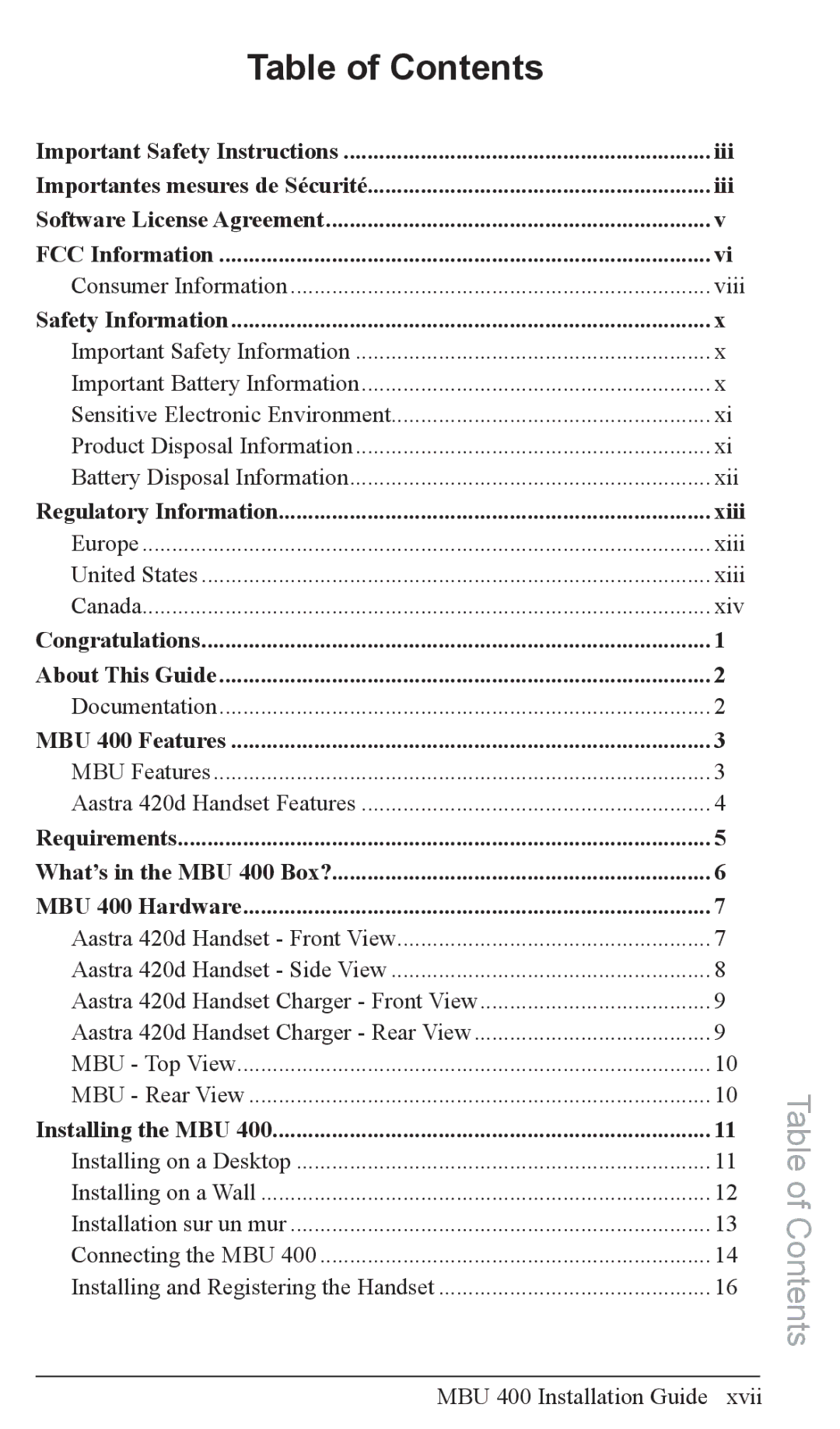 Aastra Telecom MBU 400TM manual Table of Contents 