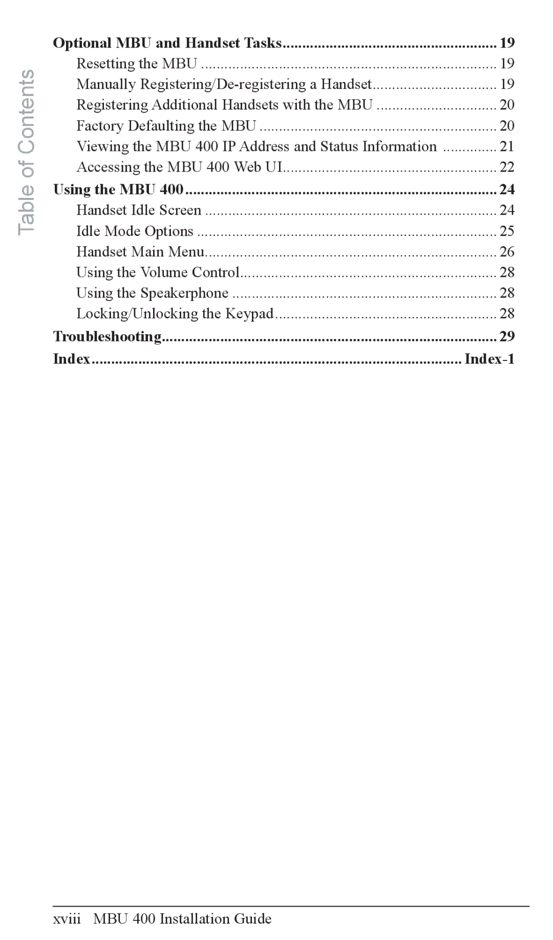 Aastra Telecom MBU 400TM manual Xviii MBU 400 Installation Guide, Optional MBU and Handset Tasks 