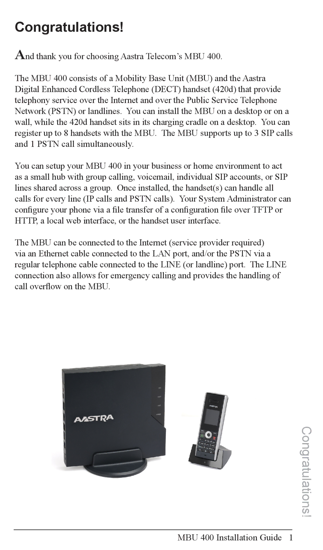 Aastra Telecom MBU 400TM manual Congratulations, Thank you for choosing Aastra Telecom’s MBU 