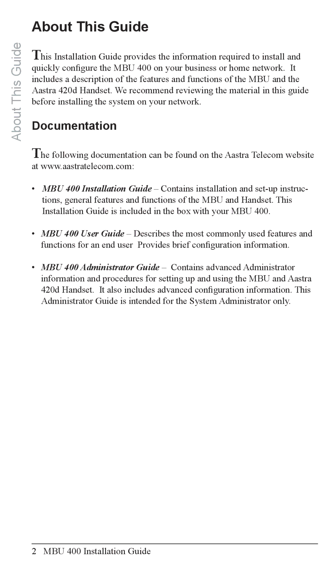 Aastra Telecom MBU 400TM manual About This Guide, Documentation 