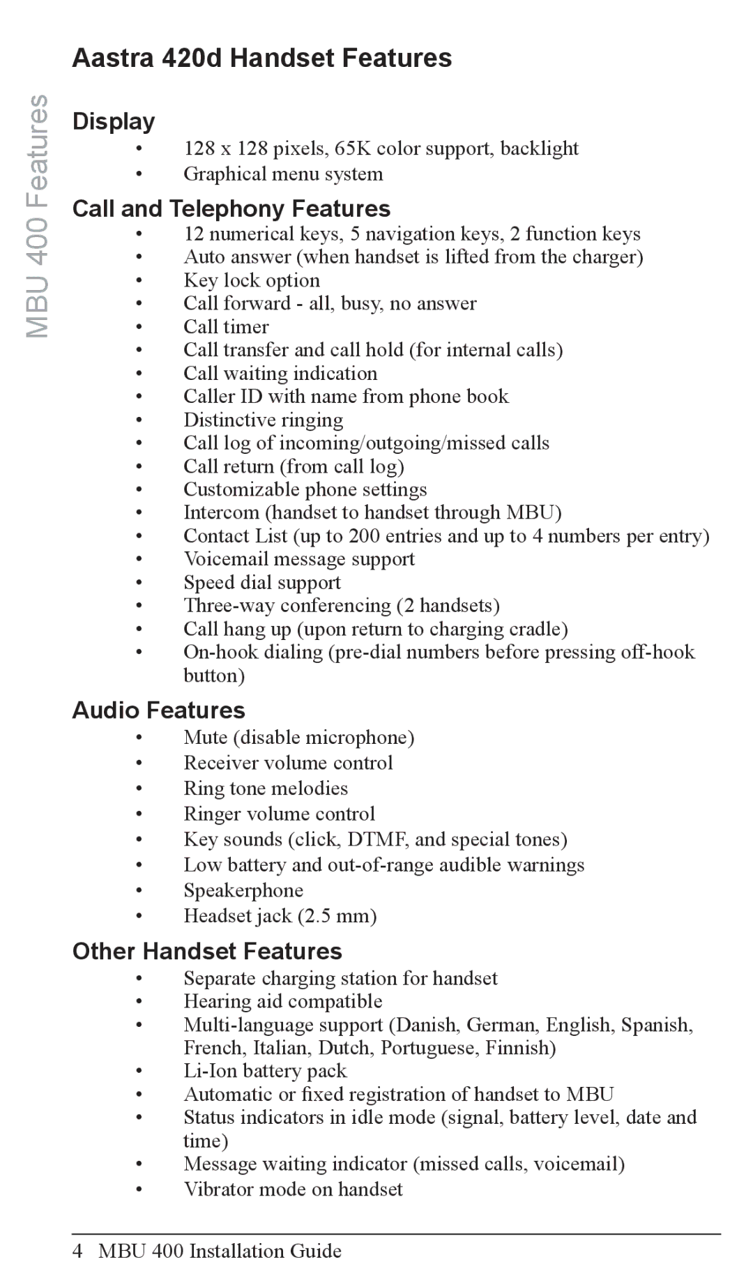 Aastra Telecom MBU 400TM manual Aastra 420d Handset Features, Audio Features 