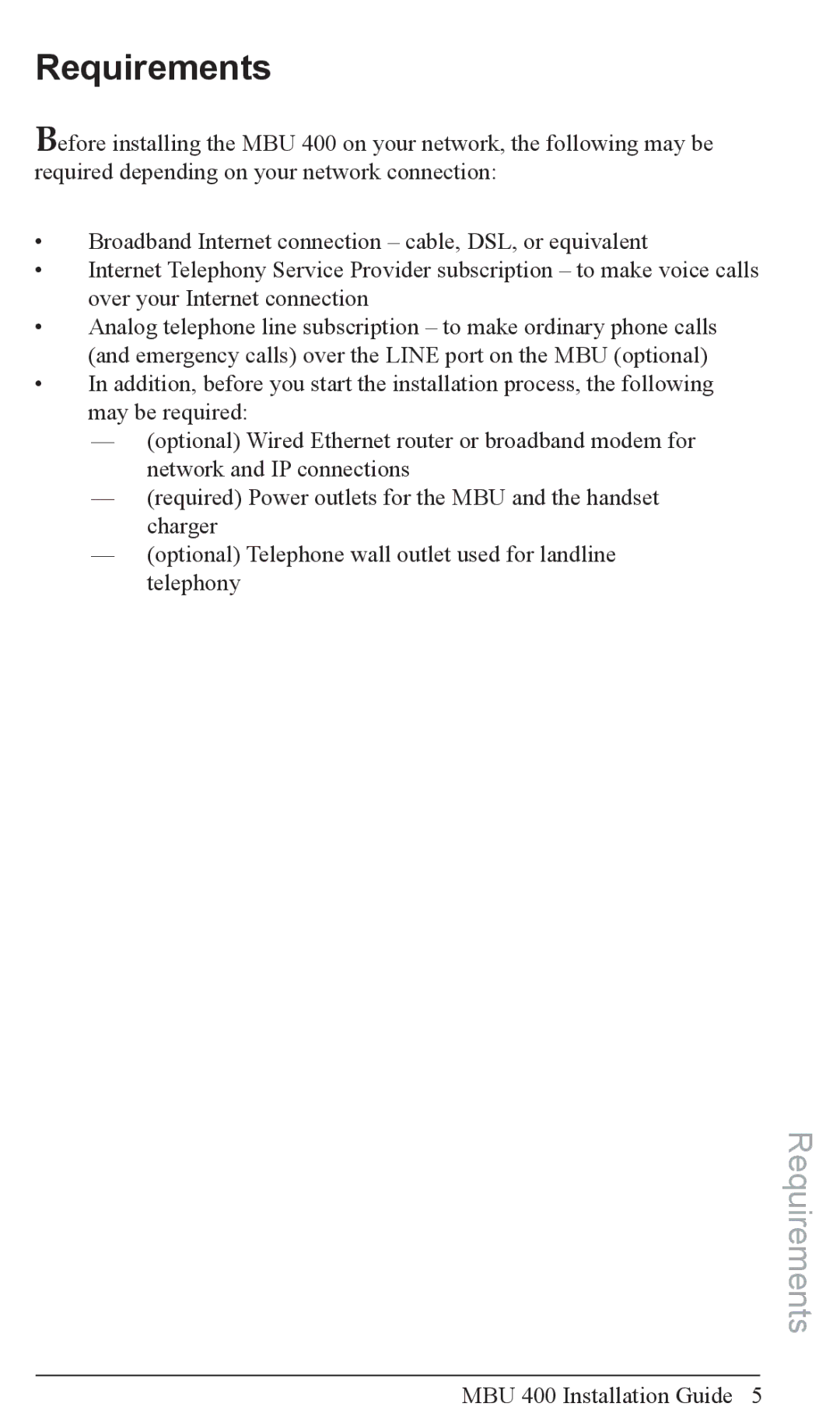 Aastra Telecom MBU 400TM manual Requirements 