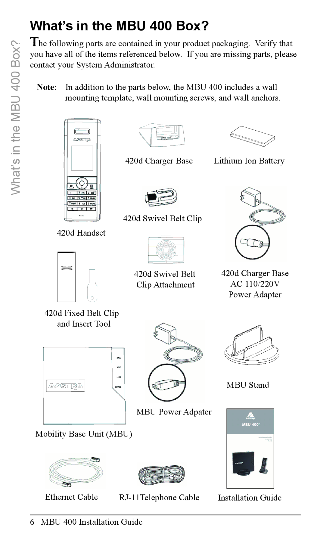 Aastra Telecom MBU 400TM manual What’s in the MBU 400 Box?, 420d Swivel Belt Clip 420d Handset 