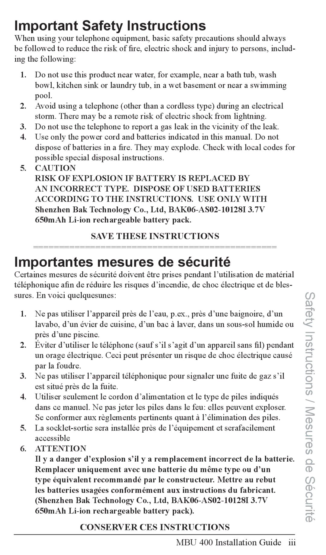 Aastra Telecom MBU 400TM manual Important Safety Instructions, Importantes mesures de sécurité, MBU 400 Installation Guide 